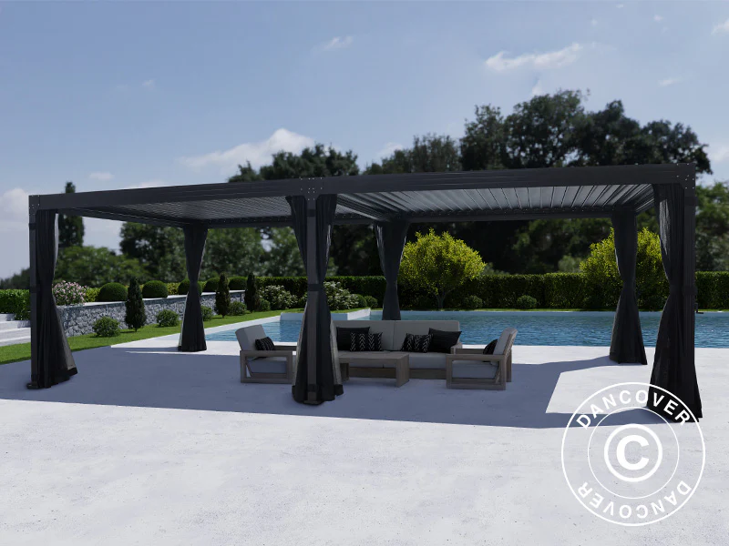 Bioklimatisk pergola-paviljong Monterey, 4x8m, m/gardiner og myggnett, Svart - Image 3