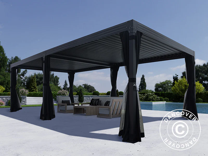 Bioklimatisk pergola-paviljong Monterey, 4x8m, m/gardiner og myggnett, Svart - Image 4
