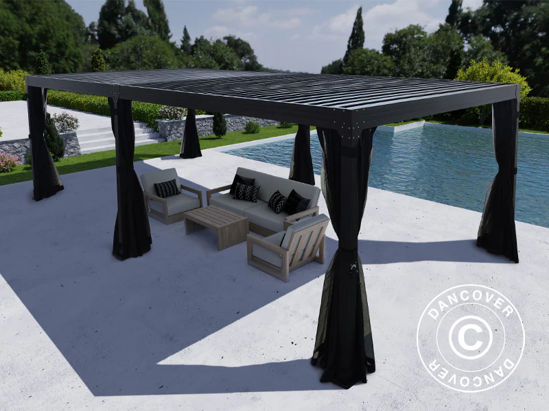 Bioklimatisk pergola-paviljong Monterey, 4x8m, m/gardiner og myggnett, Svart - Image 5