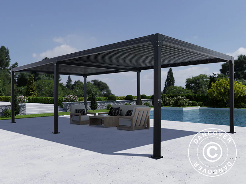 Bioklimatisk pergola-paviljong Monterey, 4x8m, m/gardiner og myggnett, Svart - Image 6