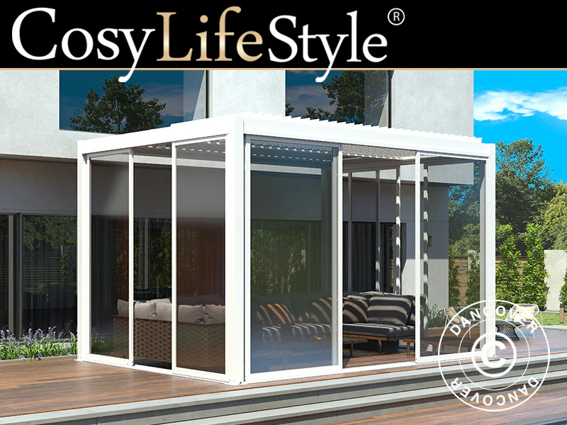 Bioklimatisk pergola-paviljong San Pablo Alu+ m/skyvedører, 3x4m, Hvit