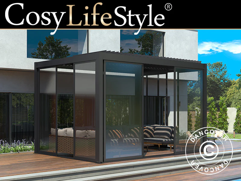 Bioklimatisk pergola-paviljong San Pablo Alu+ m/skyvedører, 3x4m, Svart