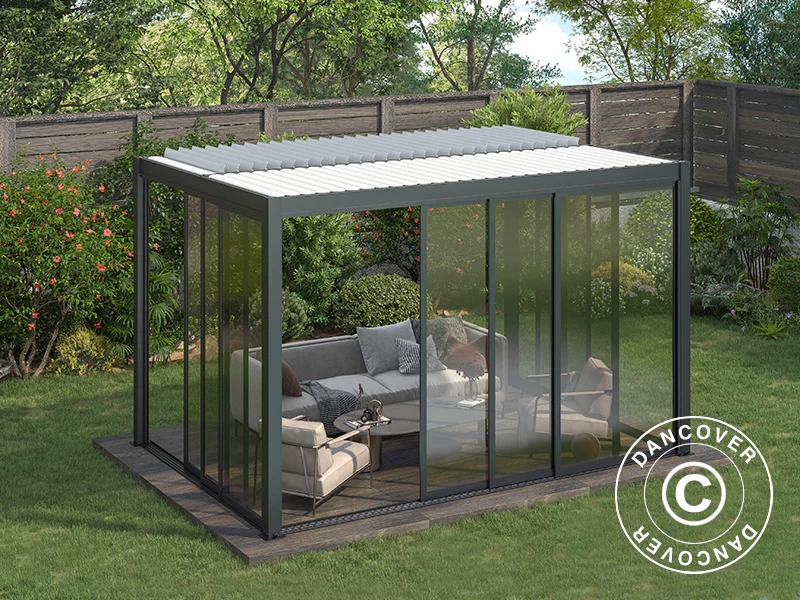 Bioklimatisk pergola-paviljong San Pablo Alu+ m/skyvedører, 3x4m, Svart/Hvit - Image 5