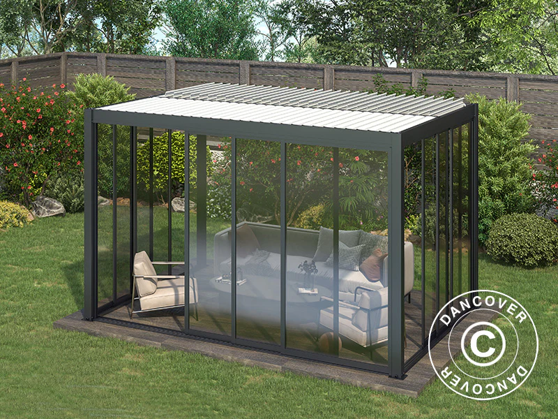 Bioklimatisk pergola-paviljong San Pablo Alu+ m/skyvedører, 3x4m, Svart/Hvit - Image 6