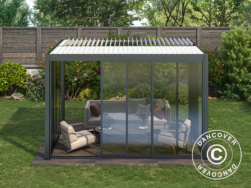 Bioklimatisk pergola-paviljong San Pablo Alu+ m/skyvedører, 3x4m, Svart/Hvit - Image 7