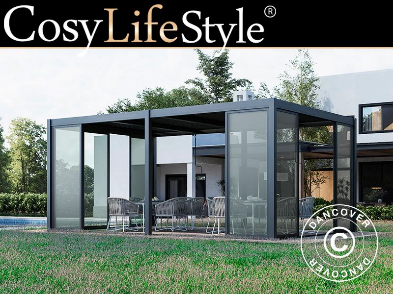 Bioklimatisk pergola-paviljong San Pablo Alu+ m/skyvedører, 3x5,8m, Svart