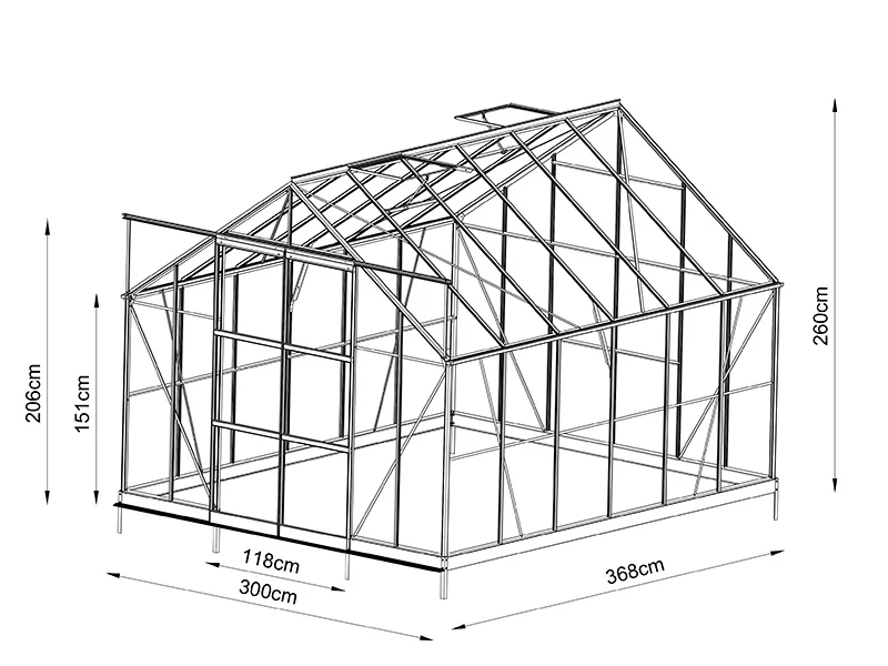 Drivhus i glass 3x3,68x2,6m m/sokkel og takdekor, 11,04m², Svart - Image 10
