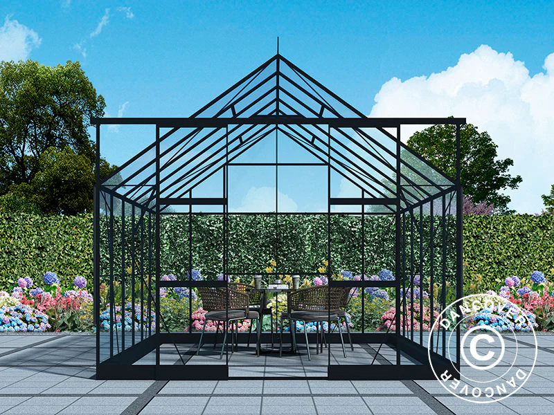 Drivhus i glass 3x3,68x2,6m m/sokkel og takdekor, 11,04m², Svart - Image 5