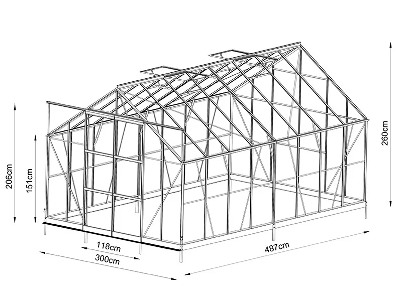 Drivhus i glass 3x4,87x2,6m m/sokkel og takdekor, 14,61m², Svart - Image 10