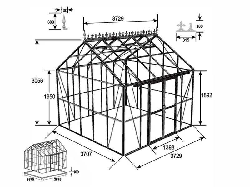 Orangeri, drivhus i glas 13,8m², 3,73x3,71x3,16mm/sokkel og takdekor, Svart - Image 11