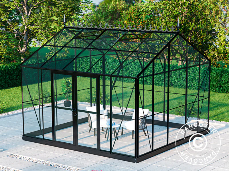 Orangeri, drivhus i glas 13,8m², 3,73x3,71x3,16mm/sokkel og takdekor, Svart - Image 3