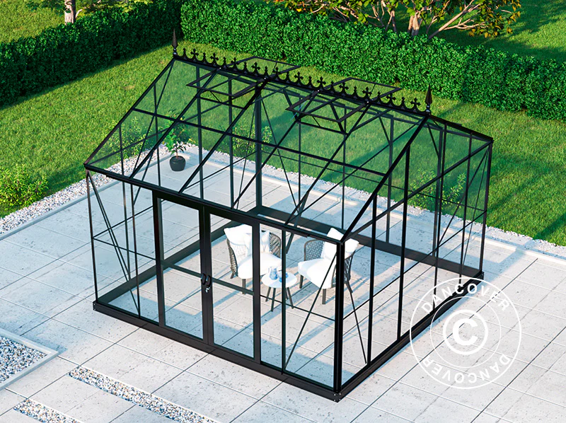 Orangeri, drivhus i glas 13,8m², 3,73x3,71x3,16mm/sokkel og takdekor, Svart - Image 4