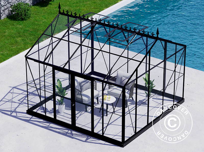 Orangeri, drivhus i glas 13,8m², 3,73x3,71x3,16mm/sokkel og takdekor, Svart - Image 8