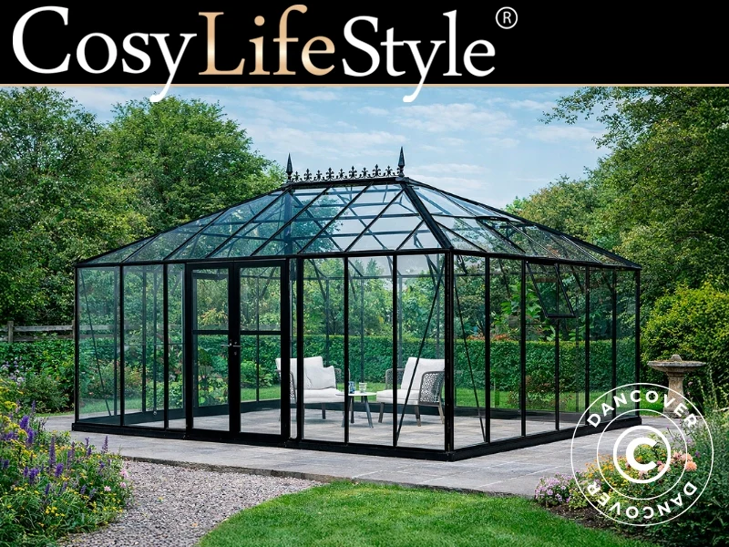 Orangeri, drivhus i glas 19m², 5,14x3,71x3,15m m/sokkel og takdekor, Svart