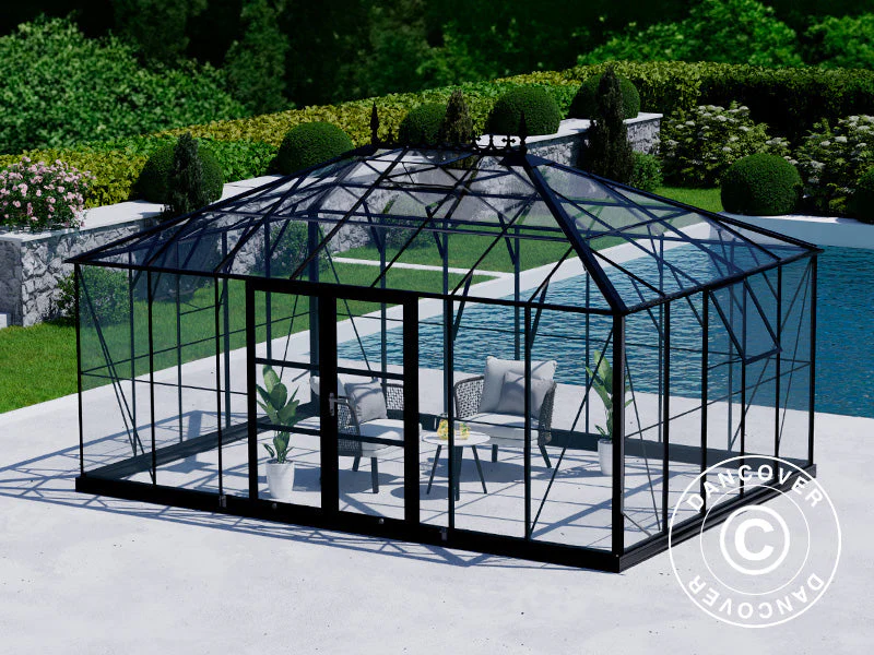 Orangeri, drivhus i glas 19m², 5,14x3,71x3,15m m/sokkel og takdekor, Svart - Image 10