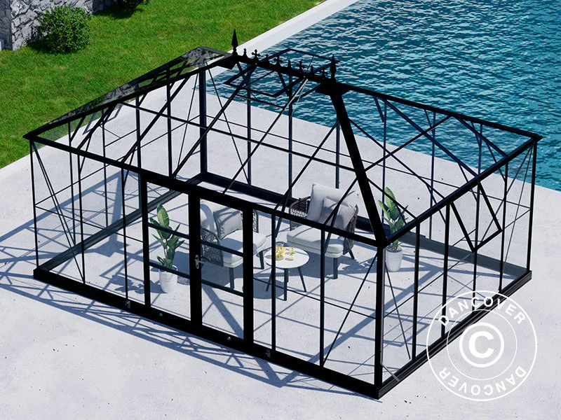Orangeri, drivhus i glas 19m², 5,14x3,71x3,15m m/sokkel og takdekor, Svart - Image 11