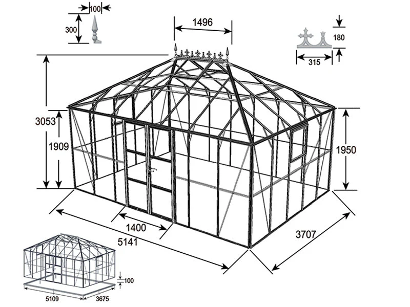 Orangeri, drivhus i glas 19m², 5,14x3,71x3,15m m/sokkel og takdekor, Svart - Image 12