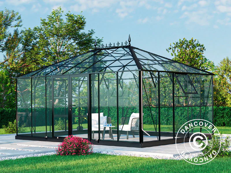Orangeri, drivhus i glas 19m², 5,14x3,71x3,15m m/sokkel og takdekor, Svart - Image 2