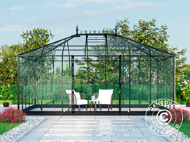 Orangeri, drivhus i glas 19m², 5,14x3,71x3,15m m/sokkel og takdekor, Svart - Image 3