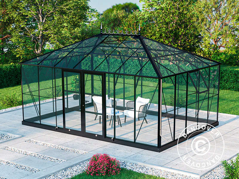 Orangeri, drivhus i glas 19m², 5,14x3,71x3,15m m/sokkel og takdekor, Svart - Image 4