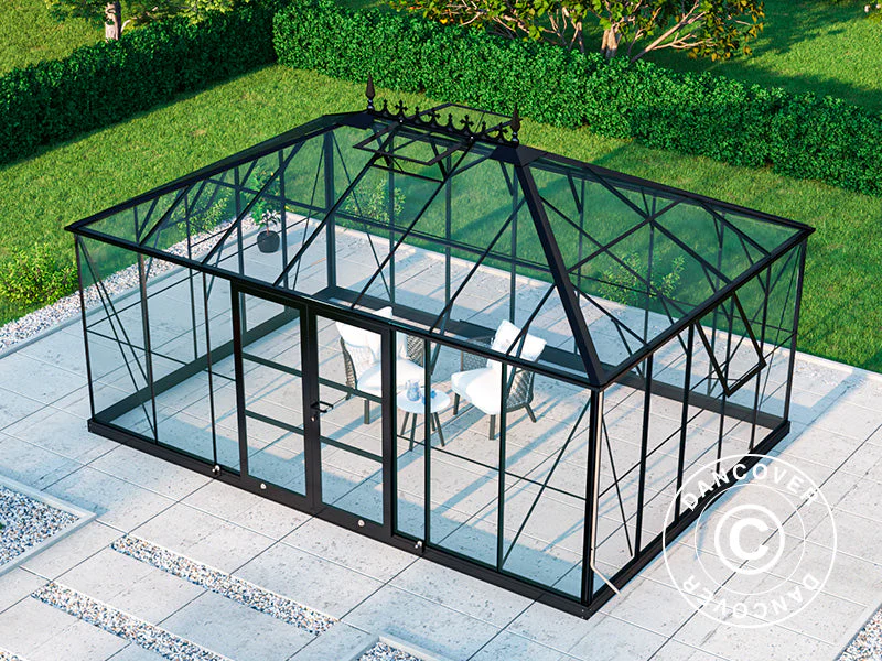 Orangeri, drivhus i glas 19m², 5,14x3,71x3,15m m/sokkel og takdekor, Svart - Image 6