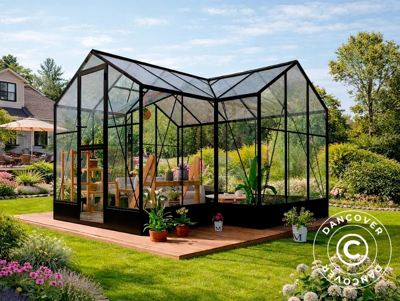 Orangeri, drivhus polykarbonat/glass, 14,75m2, 3,83x3,85x2,61m inkl. base, Svart