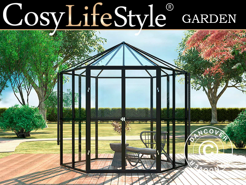 Orangeri i glass sekskantet 3,74m², 2,08x2,4x2,32m, Svart