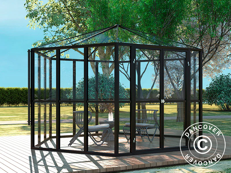 Orangeri i glass sekskantet 8,42m², 3,12x3,6x2,42m, Svart - Image 3