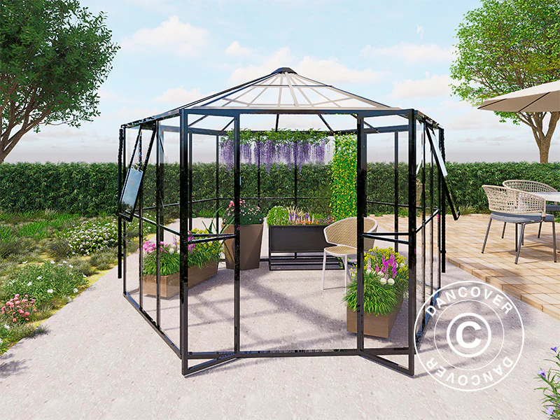 Orangeri i glass sekskantet 8,42m², 3,12x3,6x2,42m, Svart - Image 5