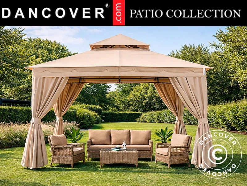 Paviljong Horus med gardiner, 3,4x3,4m, Beige