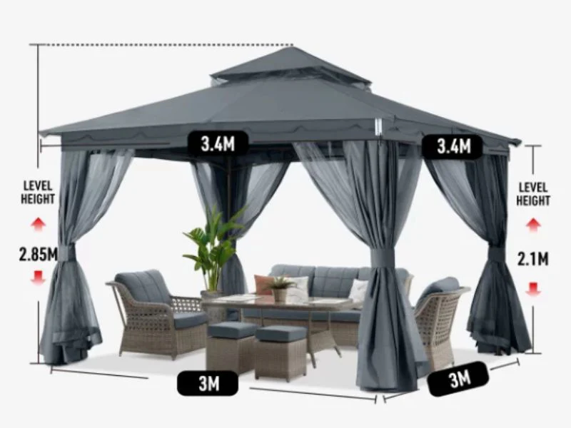 Paviljong Horus med gardiner, 3,4x3,4m, Grå - Image 8