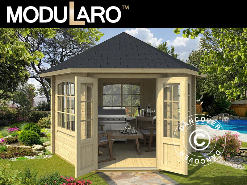 Paviljong i tre Alicante, sekskantet 3,5x3,03x3,07m, 44mm, Naturlig