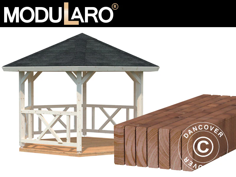 Paviljong i tre m/tregulv, 3,37x3,37x3,13m, 9,9m², Naturlig