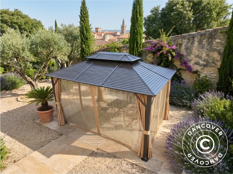 Paviljong San Bruno Steel+ med gardiner og myggnett, 3x4m, Brun - Image 3