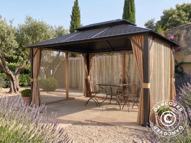 Paviljong San Bruno Steel+ med gardiner og myggnett, 3x4m, Brun - Image 6