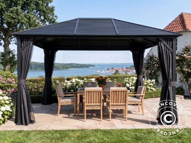 Paviljong San Luis Steel+ med gardiner og myggnett, 3x4m, Svart - Image 2