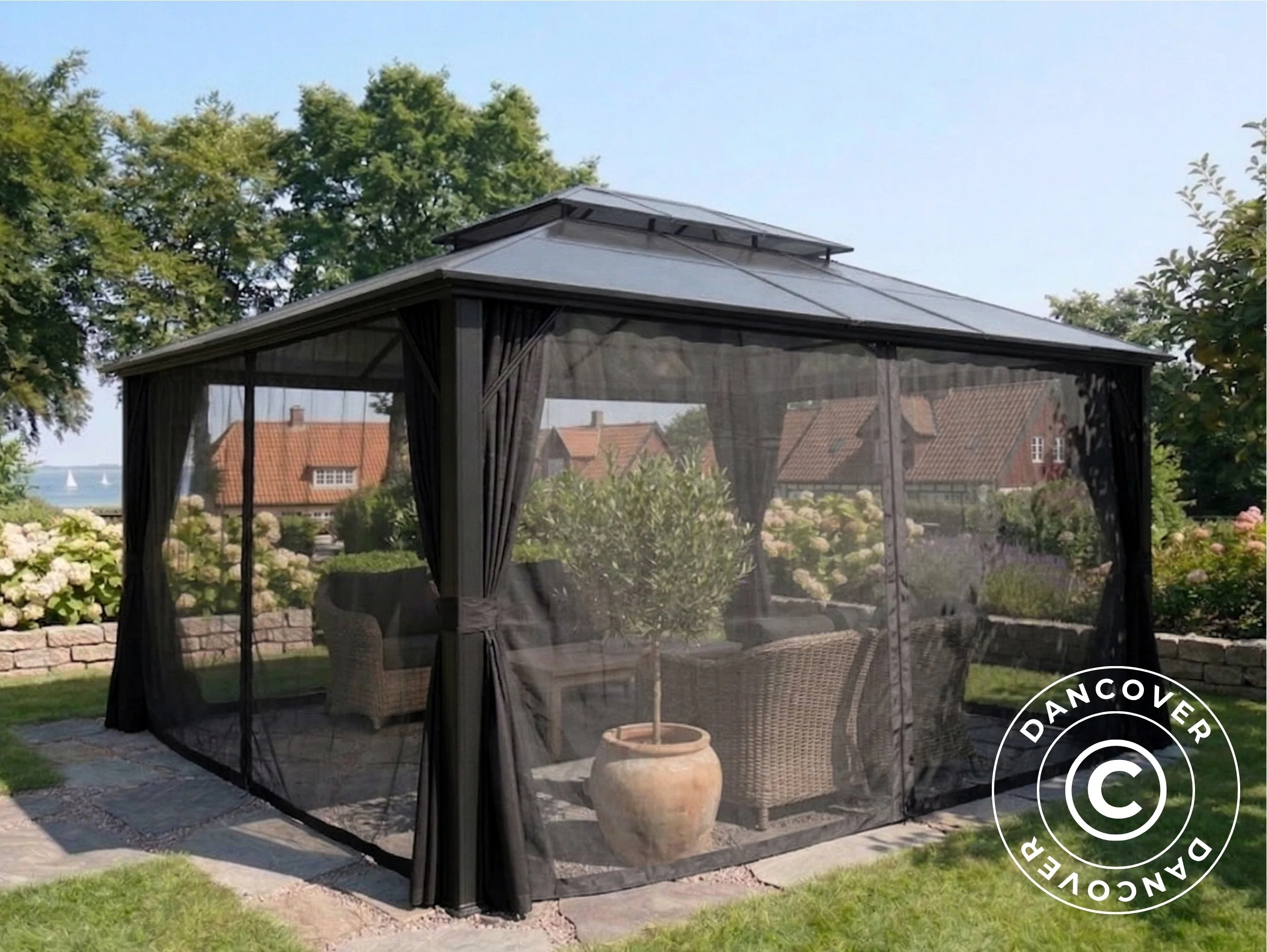 Paviljong Santa Ana Steel+ med gardiner og myggnett, 3,65x4,85m, Svart - Image 5