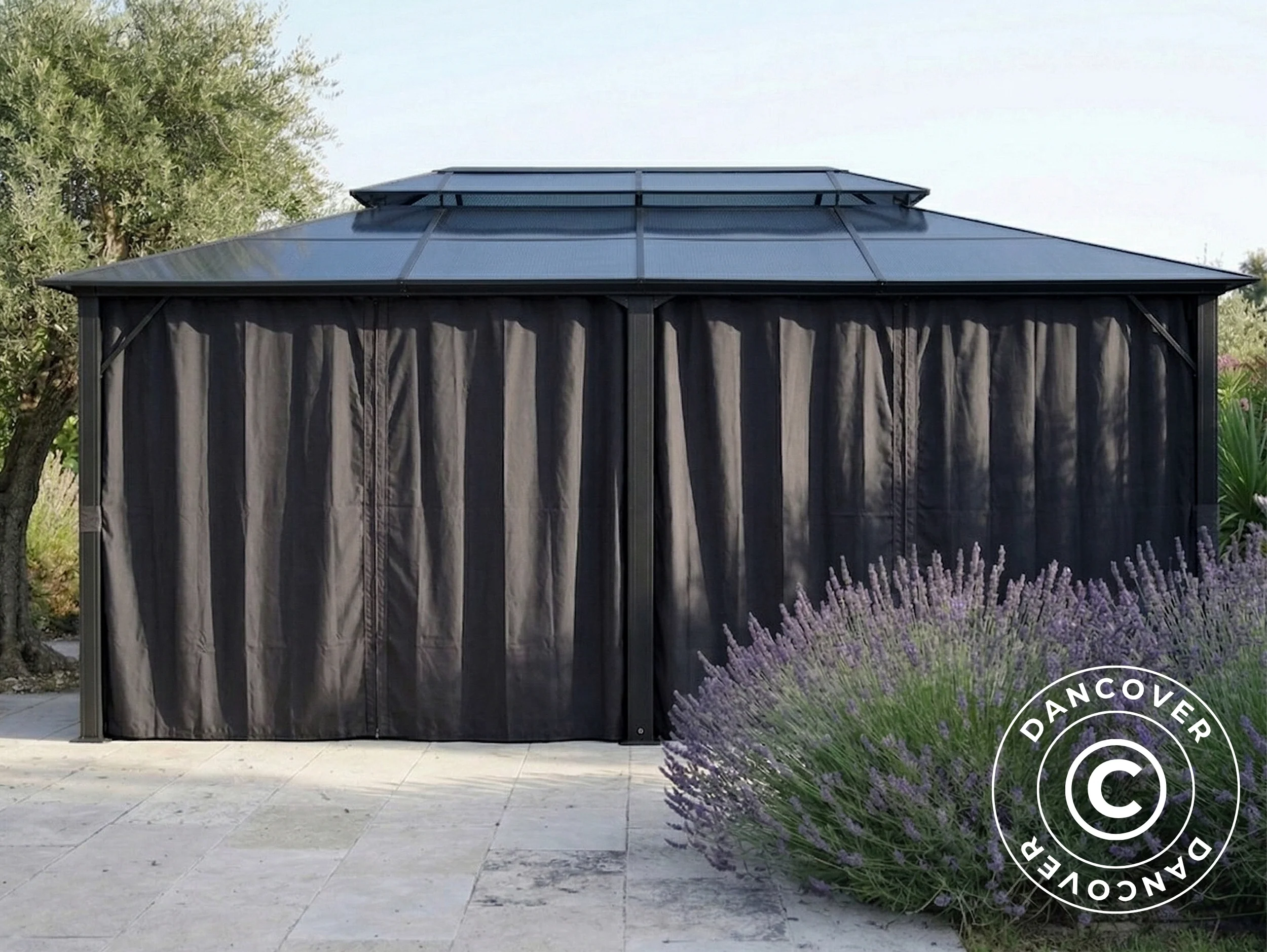 Paviljong Santa Ana Steel+ med gardiner og myggnett, 3,65x6m, Svart - Image 3
