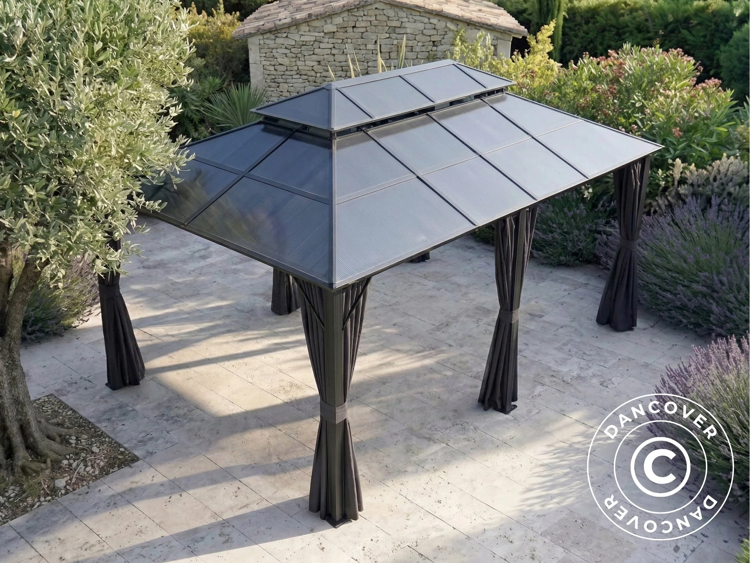 Paviljong Santa Ana Steel+ med gardiner og myggnett, 3,65x6m, Svart - Image 5