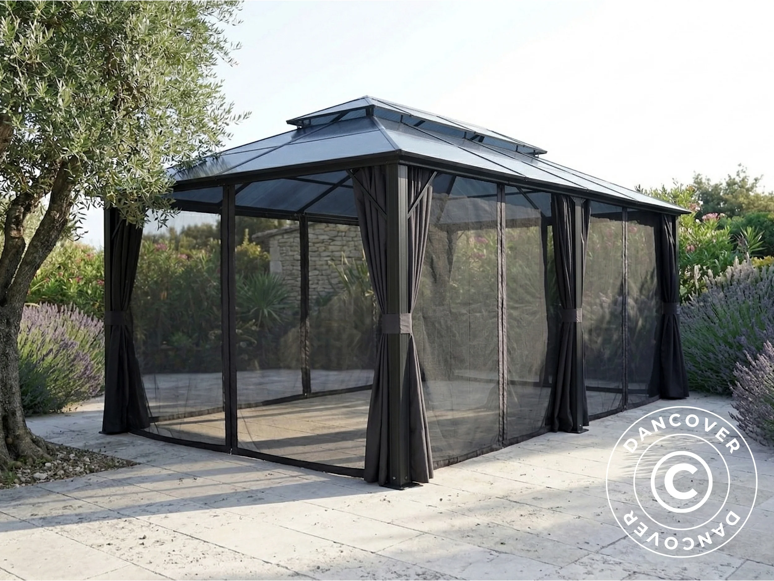 Paviljong Santa Ana Steel+ med gardiner og myggnett, 3,65x6m, Svart - Image 6