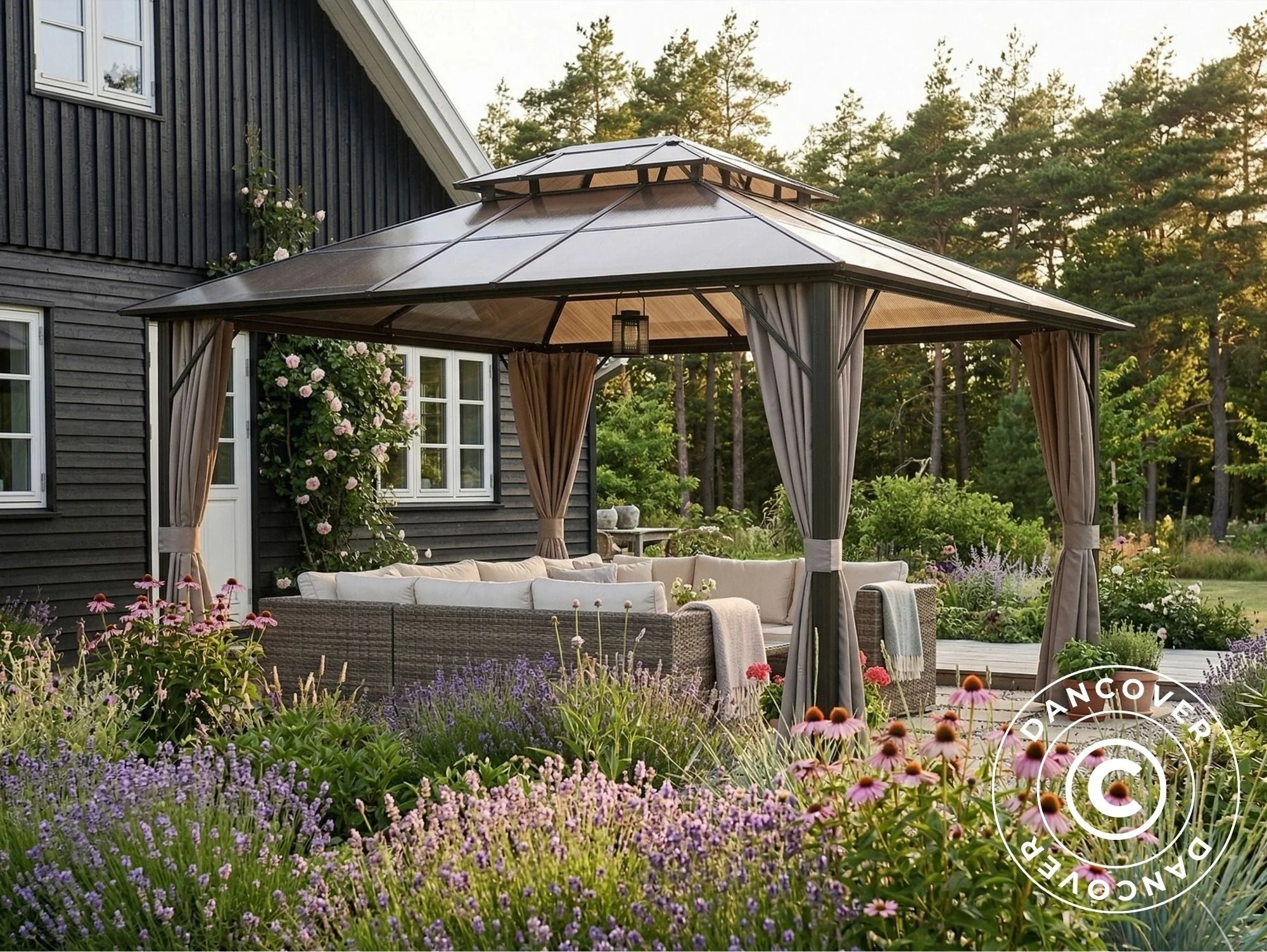 Paviljong Santa Ana Steel+ med gardiner og myggnett, 3x4m, Brun - Image 3