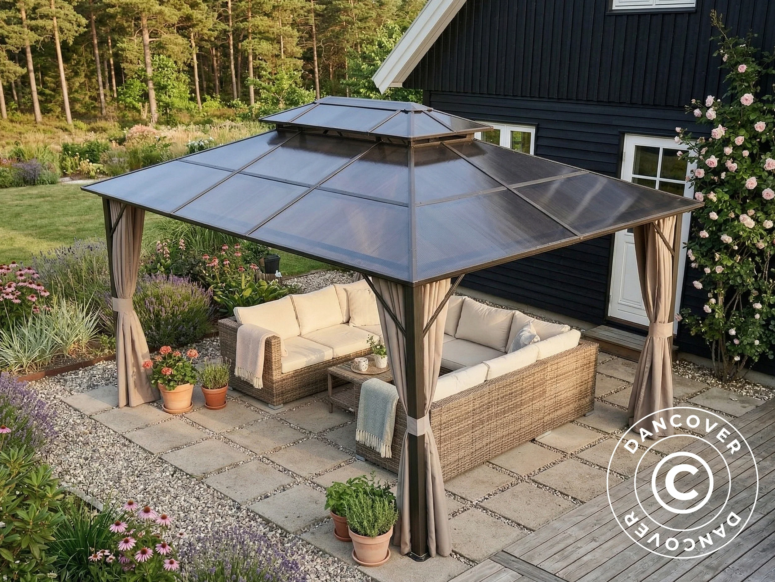 Paviljong Santa Ana Steel+ med gardiner og myggnett, 3x4m, Brun - Image 5