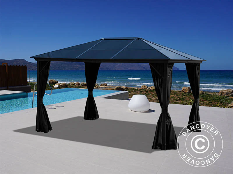 Paviljong Santa Barbara Alu+ m/gardiner og myggnetting, 3x4m, Svart - Image 10