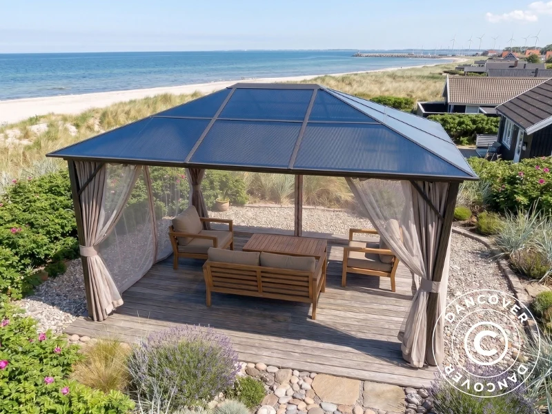 Paviljong Santa Barbara Steel+ med gardiner og myggnett, 3x4m, Brun - Image 3