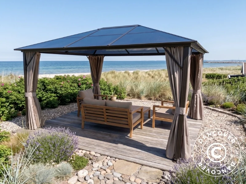 Paviljong Santa Barbara Steel+ med gardiner og myggnett, 3x4m, Brun - Image 6