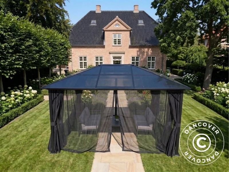 Paviljong Santa Barbara Steel+ med gardiner og myggnett, 3x4m, Svart - Image 5