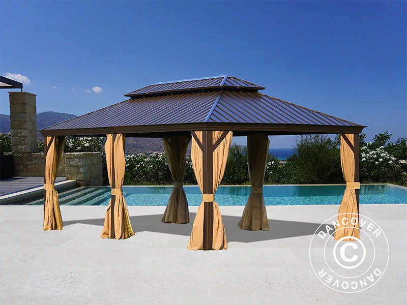Paviljong Santa Fe Alu+ m/gardiner og myggnetting, 3,65x6m, Brun - Image 5