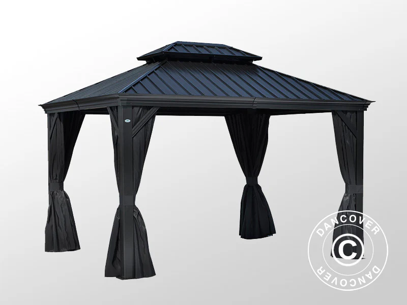 Paviljong Santa Fe Alu+ m/gardiner og myggnetting, 3x4,25m, Svart - Image 3