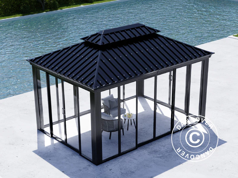 Paviljong Santa Fe Alu+ med sidevegger og skyvedører, 3x4,25m, Svart - Image 7
