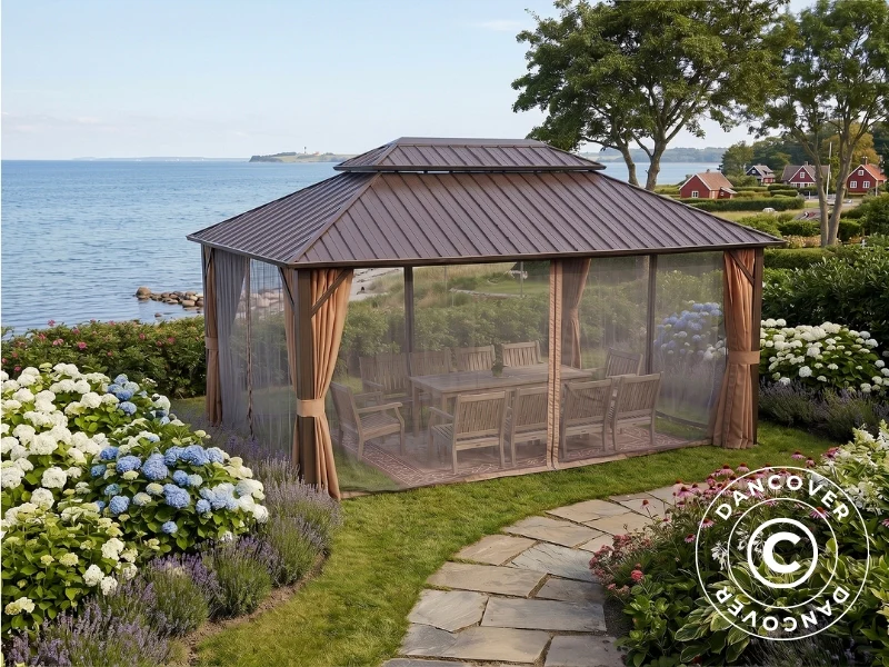 Paviljong Santa Fe Steel+ med gardiner og myggnett, 3,65x4,85m, Brun - Image 3
